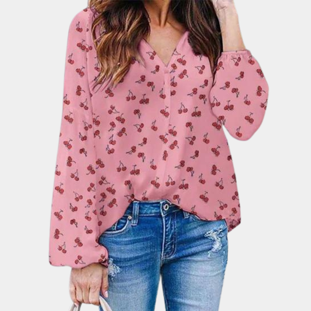 Auizia – Chique Damesblouse met Kersenprint – Speelse en Vrouwelijke Look – Luchtige Stof voor Comfort – Perfect voor Zomer, Kantoor of Casual Dagen – Blouse met Modieuze Print en Elegante Pasvorm.
