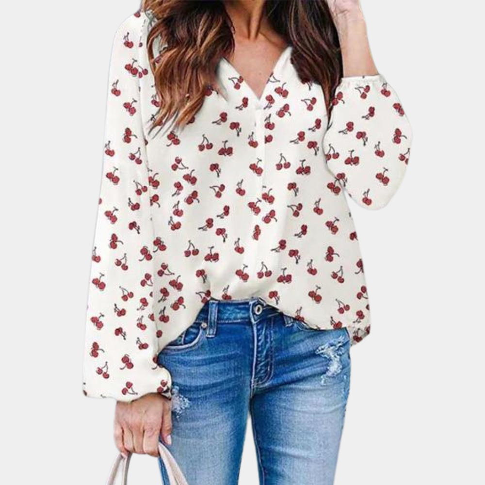 Auizia – Chique Damesblouse met Kersenprint – Speelse en Vrouwelijke Look – Luchtige Stof voor Comfort – Perfect voor Zomer, Kantoor of Casual Dagen – Blouse met Modieuze Print en Elegante Pasvorm.