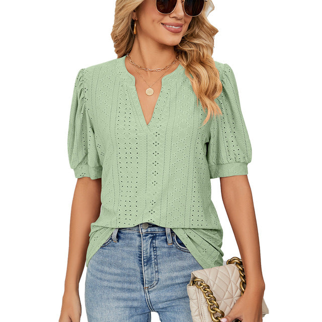Losse Blouse met V-Hals & Gepofte Mouwen voor Dames – Elegante en Luchtige Blouse voor Zomeroutfits, Perfect voor Casual Chic Looks of Kantoorstijl.