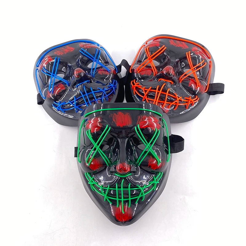 LED Halloween masker – draadloos lichtgevend party masker met meerdere stijlen en knipperende effecten, perfect voor Halloween, feestjes en cosplay voor kinderen en volwassenen.