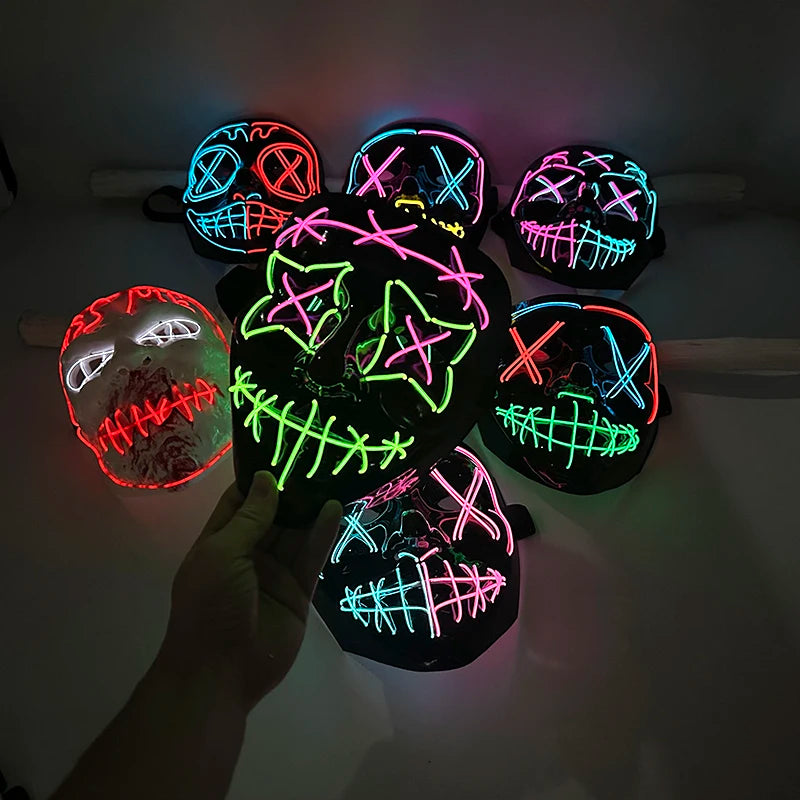 LED Halloween masker – draadloos lichtgevend party masker met meerdere stijlen en knipperende effecten, perfect voor Halloween, feestjes en cosplay voor kinderen en volwassenen.