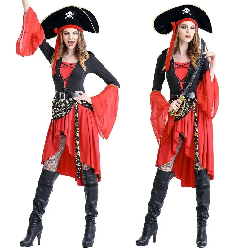 Piratenkapitein kostuum jurk – Halloween midi jurk voor dames, stoer en comfortabel ontwerp met piratendetails, perfect voor Halloween en verkleedfeesten.