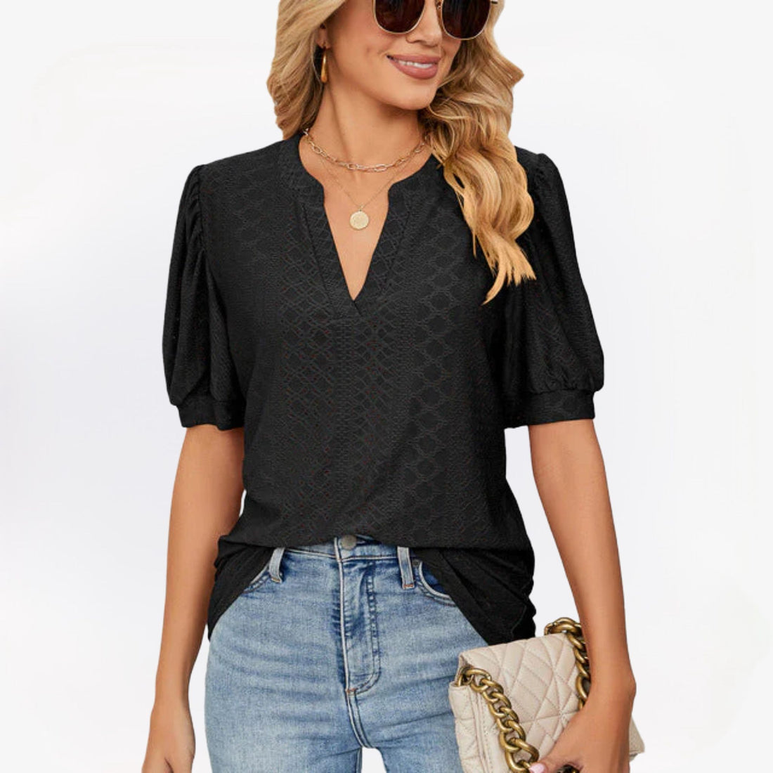 Losse Blouse met V-Hals & Gepofte Mouwen voor Dames – Elegante en Luchtige Blouse voor Zomeroutfits, Perfect voor Casual Chic Looks of Kantoorstijl.