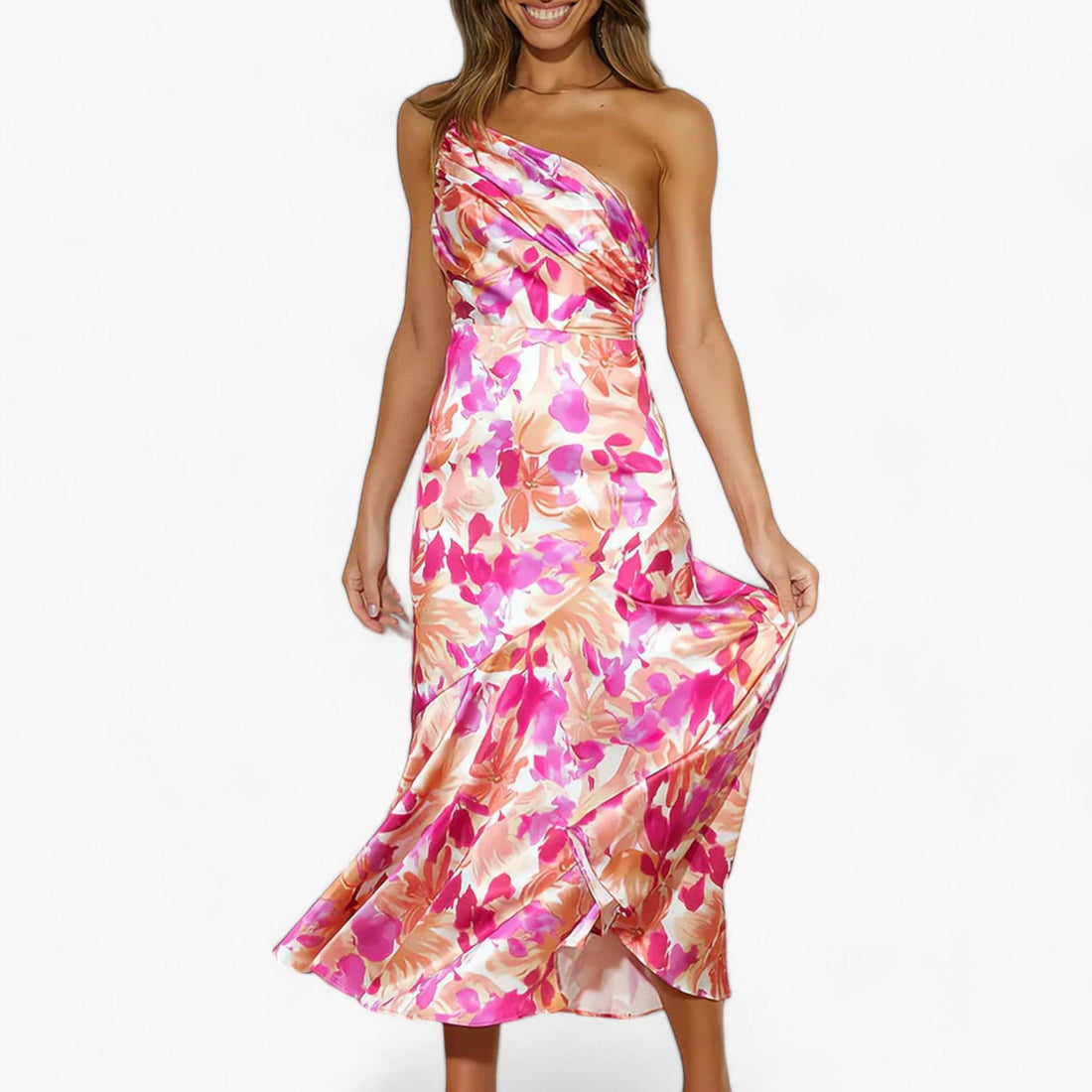 Bloemenjurk – lichte, vloeiende stof met elegant bloemmotief, flatterende pasvorm voor een charmante en stijlvolle uitstraling.