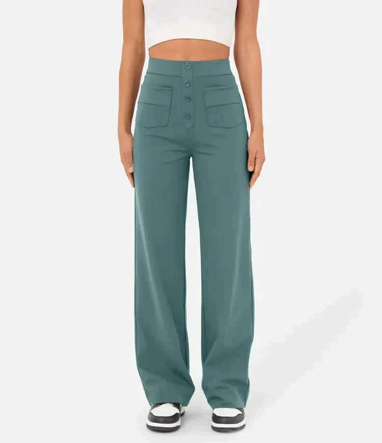 Broek, hoge taille, wijde pijpen, gedeeltelijk elastische band, olijf Broek, hoge taille, wijde pijpen, gedeeltelijk elastische band, olijf