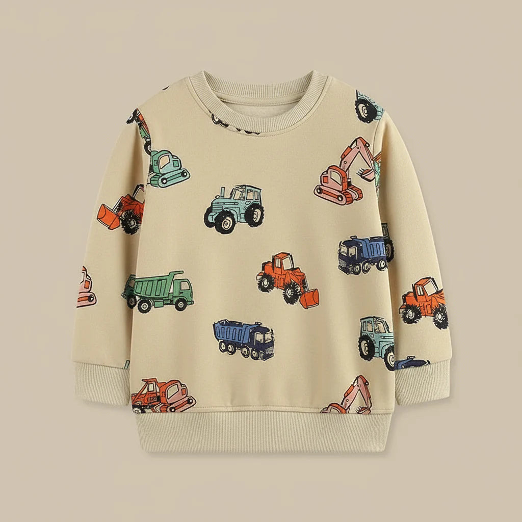 MiniBuilder sweater voor kinderen met bouwvoertuigen print, gemaakt van zachte en comfortabele stof – ideale trui voor dagelijks gebruik en speelse avonturen.