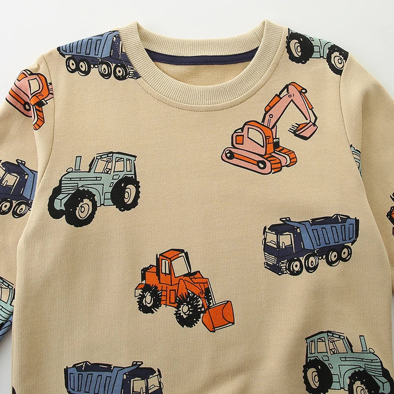 MiniBuilder sweater voor kinderen met bouwvoertuigen print, gemaakt van zachte en comfortabele stof – ideale trui voor dagelijks gebruik en speelse avonturen.
