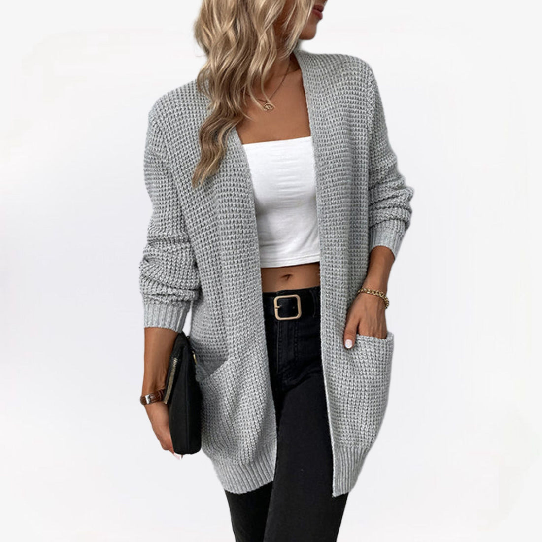 Lange gebreid damesvest in beige – zachte wolmix, comfortabele pasvorm en stijlvolle casual look.