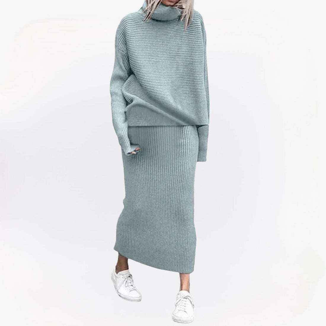 Tweedelige coltrui en maxi-rok set voor dames – elegante en comfortabele outfit voor elke gelegenheid, met een verfijnde en stijlvolle uitstraling.