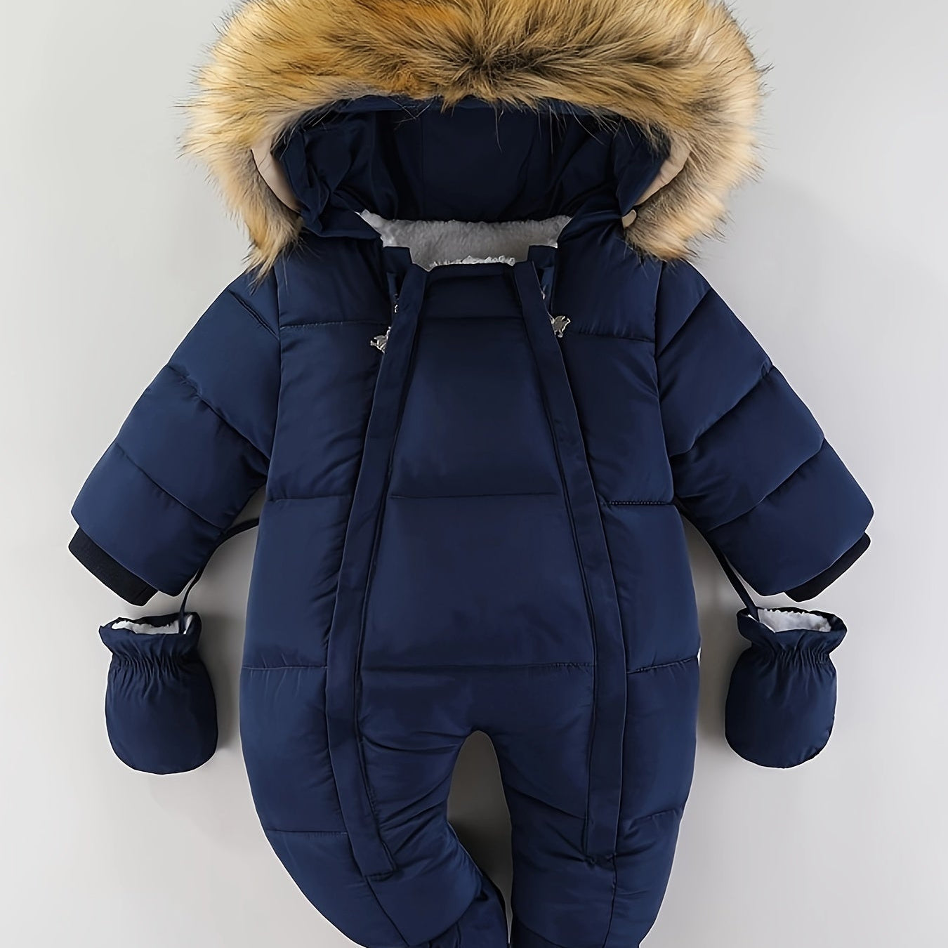 CozyBaby luxe winterjas jumpsuit met capuchon, gemaakt van zachte en warme stof – ideale comfortabele en beschermende outfit voor koude winterdagen.