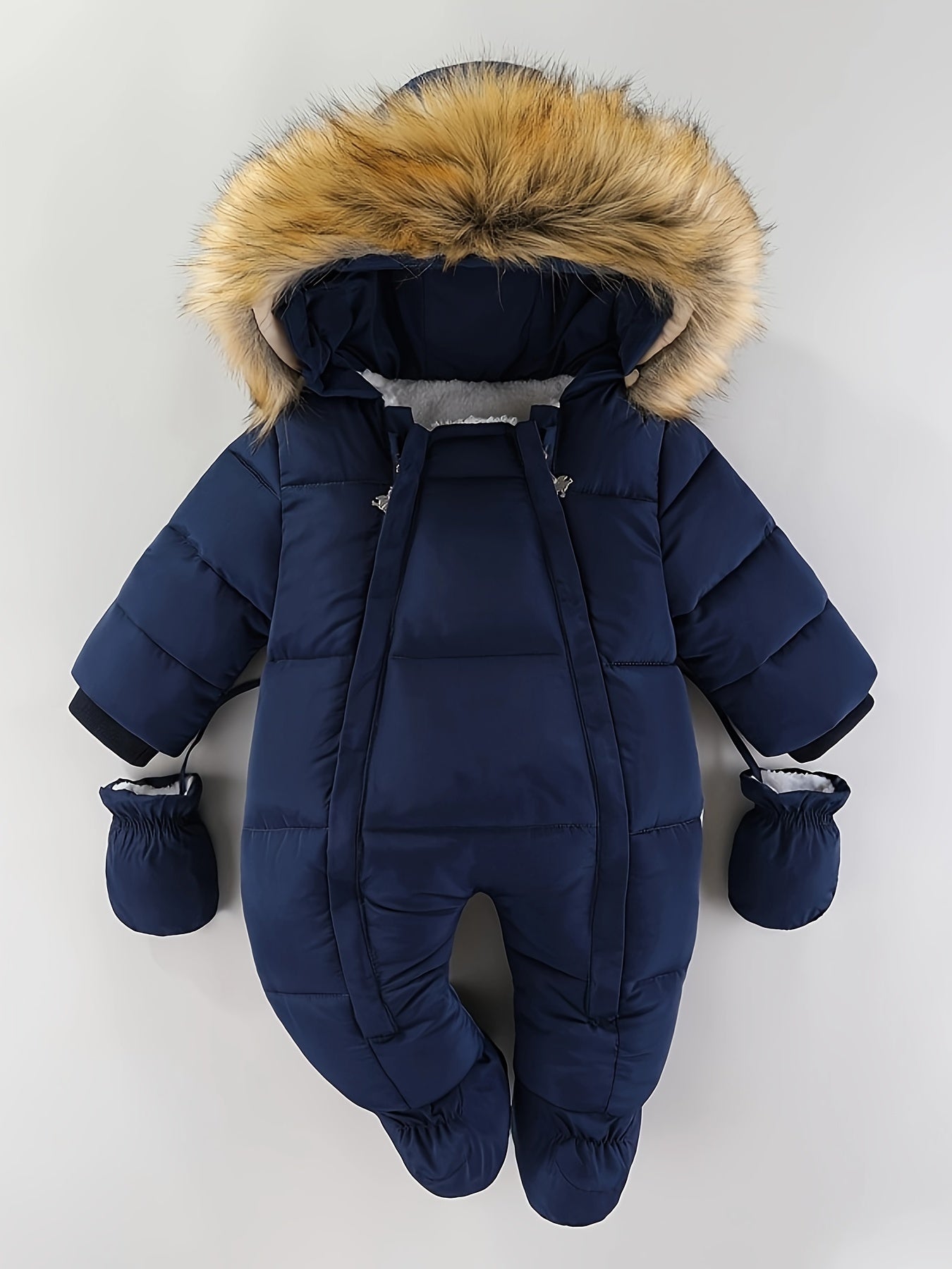 CozyBaby luxe winterjas jumpsuit met capuchon, gemaakt van zachte en warme stof – ideale comfortabele en beschermende outfit voor koude winterdagen.
