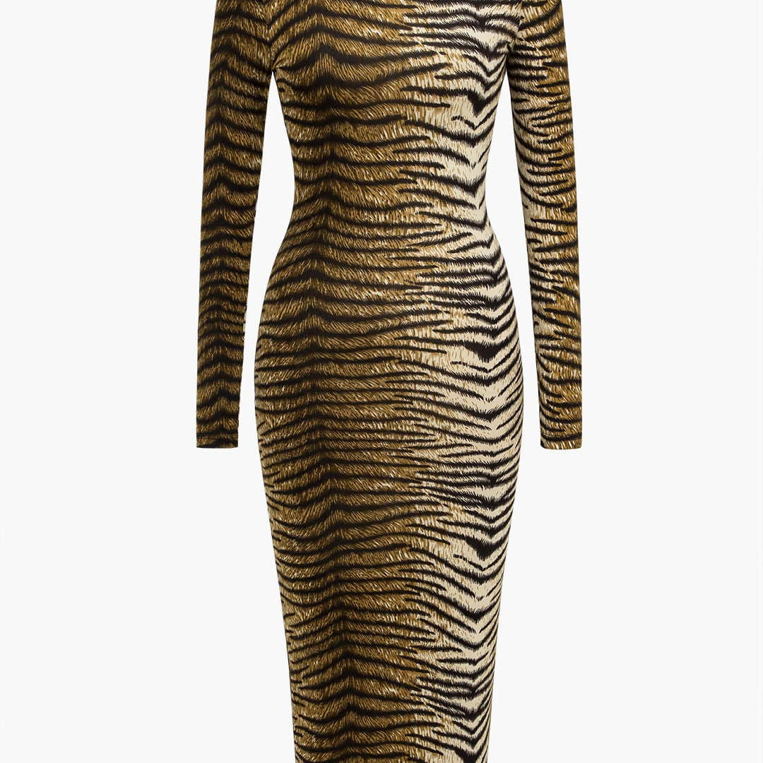 Midi Jurk met Luipaardprint en Lange Mouwen