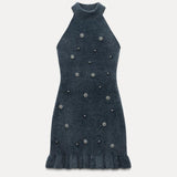 Gebreide Mini Jurk met Colkraag en Strassdetails