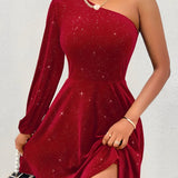 Elegante One Shoulder Mini Jurk met Glitter en Flowy Rok