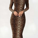 Midi Jurk met Luipaardprint en Lange Mouwen