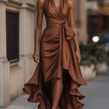 Elegante Halter Maxi Jurk met Volants en Tailleband