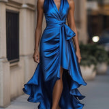 Elegante Halter Maxi Jurk met Volants en Tailleband