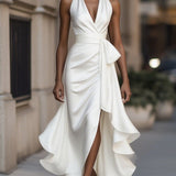 Elegante Halter Maxi Jurk met Volants en Tailleband