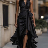 Elegante Halter Maxi Jurk met Volants en Tailleband