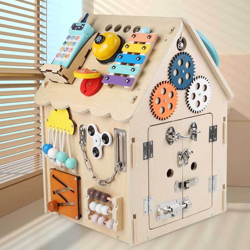 BusyHouse – multifunctioneel Montessori houten druk huis dat de fijne motoriek en probleemoplossende vaardigheden van je kind bevordert, met interactieve elementen voor eindeloos speelplezier.