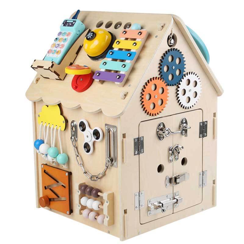 BusyHouse – multifunctioneel Montessori houten druk huis dat de fijne motoriek en probleemoplossende vaardigheden van je kind bevordert, met interactieve elementen voor eindeloos speelplezier.