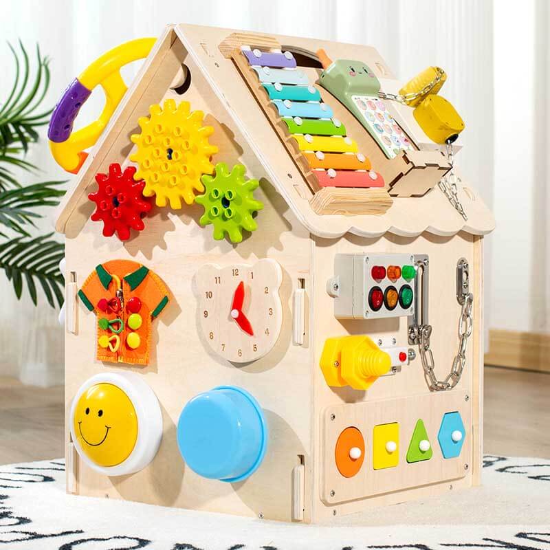 BusyHouse – multifunctioneel Montessori houten druk huis dat de fijne motoriek en probleemoplossende vaardigheden van je kind bevordert, met interactieve elementen voor eindeloos speelplezier.