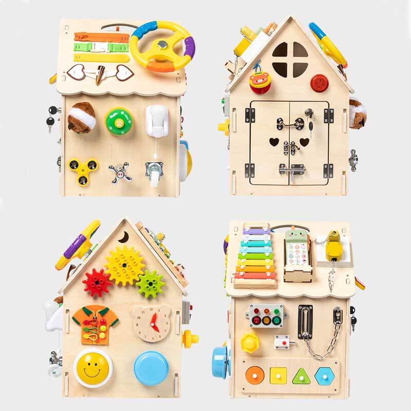 BusyHouse – multifunctioneel Montessori houten druk huis dat de fijne motoriek en probleemoplossende vaardigheden van je kind bevordert, met interactieve elementen voor eindeloos speelplezier.