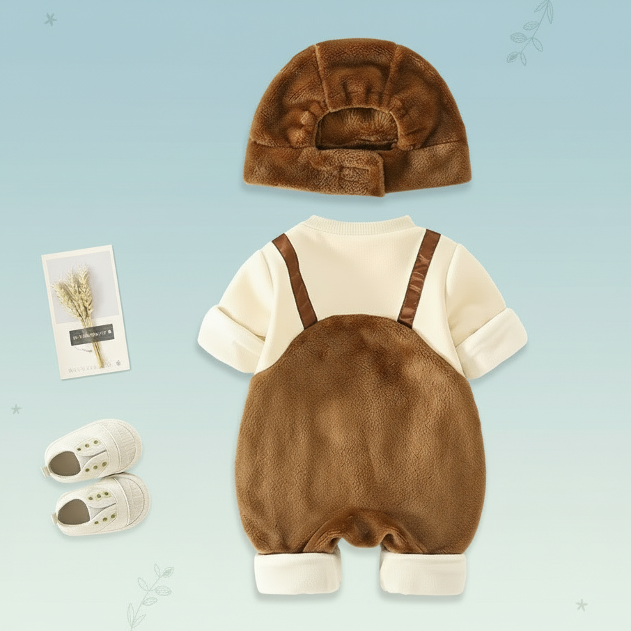 LittleSnow pluche babyset – romper, muts en shirt in zachte, warme stof voor comfort en schattige winterlooks.