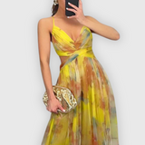 Dames Maxi Jurk met Abstracte Print en Strapless Halslijn