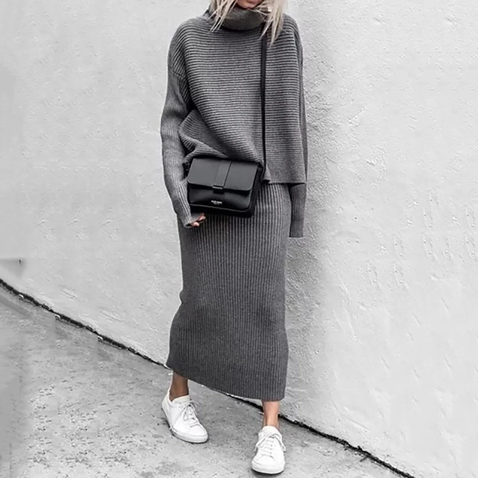 Tweedelige coltrui en maxi-rok set voor dames – elegante en comfortabele outfit voor elke gelegenheid, met een verfijnde en stijlvolle uitstraling.