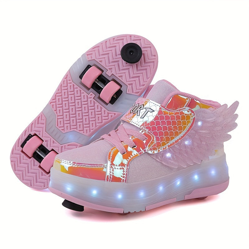 GlowSkate USB oplaadbare rolschaats sneakers met licht en vleugels – kleurrijke en comfortabele sneakers voor meisjes en tieners, ideaal voor plezier, buitenactiviteiten en avondritten.