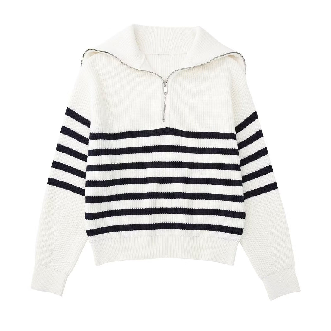 Damestrui met halve rits en wijde kraag, vervaardigd uit een zachte gebreide stof – ideaal voor een casual en comfortabele look.