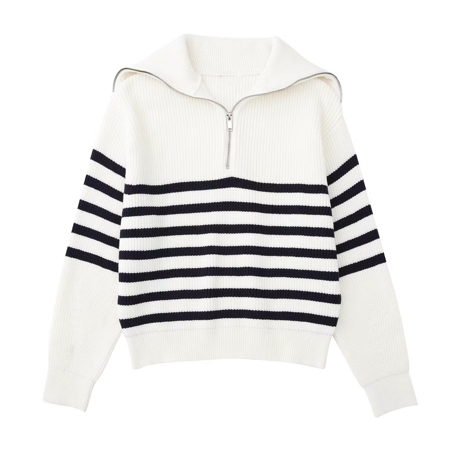 Damestrui met halve rits en wijde kraag, vervaardigd uit een zachte gebreide stof – ideaal voor een casual en comfortabele look.