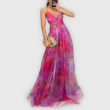 Dames Maxi Jurk met Abstracte Print en Strapless Halslijn