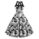 Halloween midi jurk – doodshoofd print kostuum voor dames, comfortabele pasvorm met griezelig en speels ontwerp, perfect voor Halloween en verkleedfeesten.