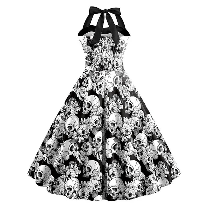 Halloween midi jurk – doodshoofd print kostuum voor dames, comfortabele pasvorm met griezelig en speels ontwerp, perfect voor Halloween en verkleedfeesten.