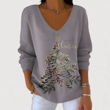 Dames Trui met V-Hals en Kerstboomprint