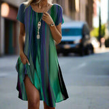 Blauw Groene Gestreepte Midi Jurk
