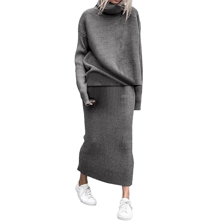 Tweedelige coltrui en maxi-rok set voor dames – elegante en comfortabele outfit voor elke gelegenheid, met een verfijnde en stijlvolle uitstraling.