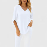 Dames blouse met V-hals en splitmouwen