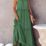 Dames Maxi Jurk met Gelaagde Rok en Ronde Hals