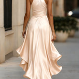 Elegante Halter Maxi Jurk met Volants en Tailleband