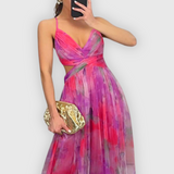 Dames Maxi Jurk met Abstracte Print en Strapless Halslijn