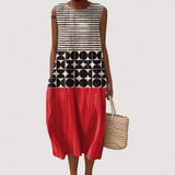 Grafische Midi Jurk met Patchwork Design en Mouwloos Model
