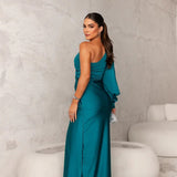 Elegante One Shoulder Maxi Jurk met Drapering en Split