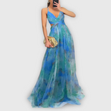 Dames Maxi Jurk met Abstracte Print en Strapless Halslijn