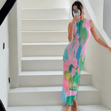 Maxi Jurk met Abstracte Print en Hoge Hals