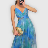 Dames Maxi Jurk met Abstracte Print en Strapless Halslijn