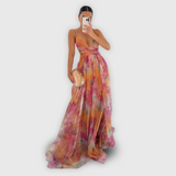 Dames Maxi Jurk met Abstracte Print en Strapless Halslijn
