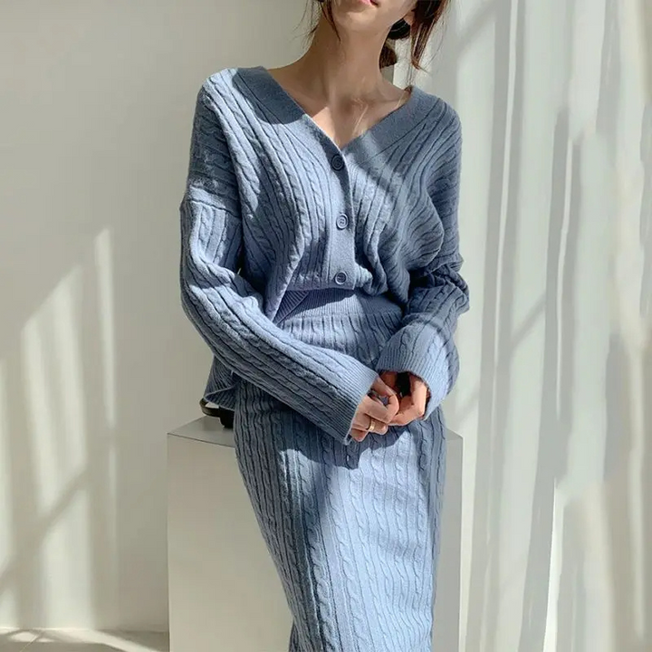 Tweedelige gebreide jurk set voor dames – elegante combinatie van top en rok, perfect voor een stijlvolle en comfortabele outfit.